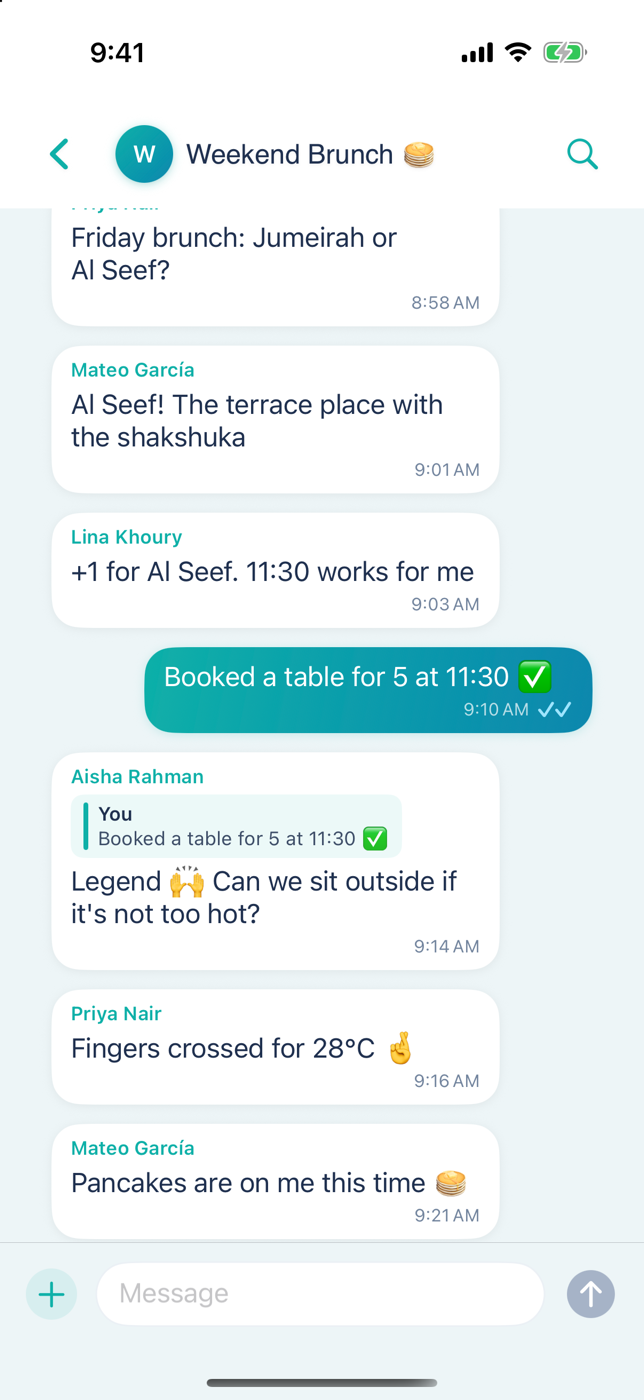 A Simit group chat planning a weekend brunch, with messages from several members and a quoted reply