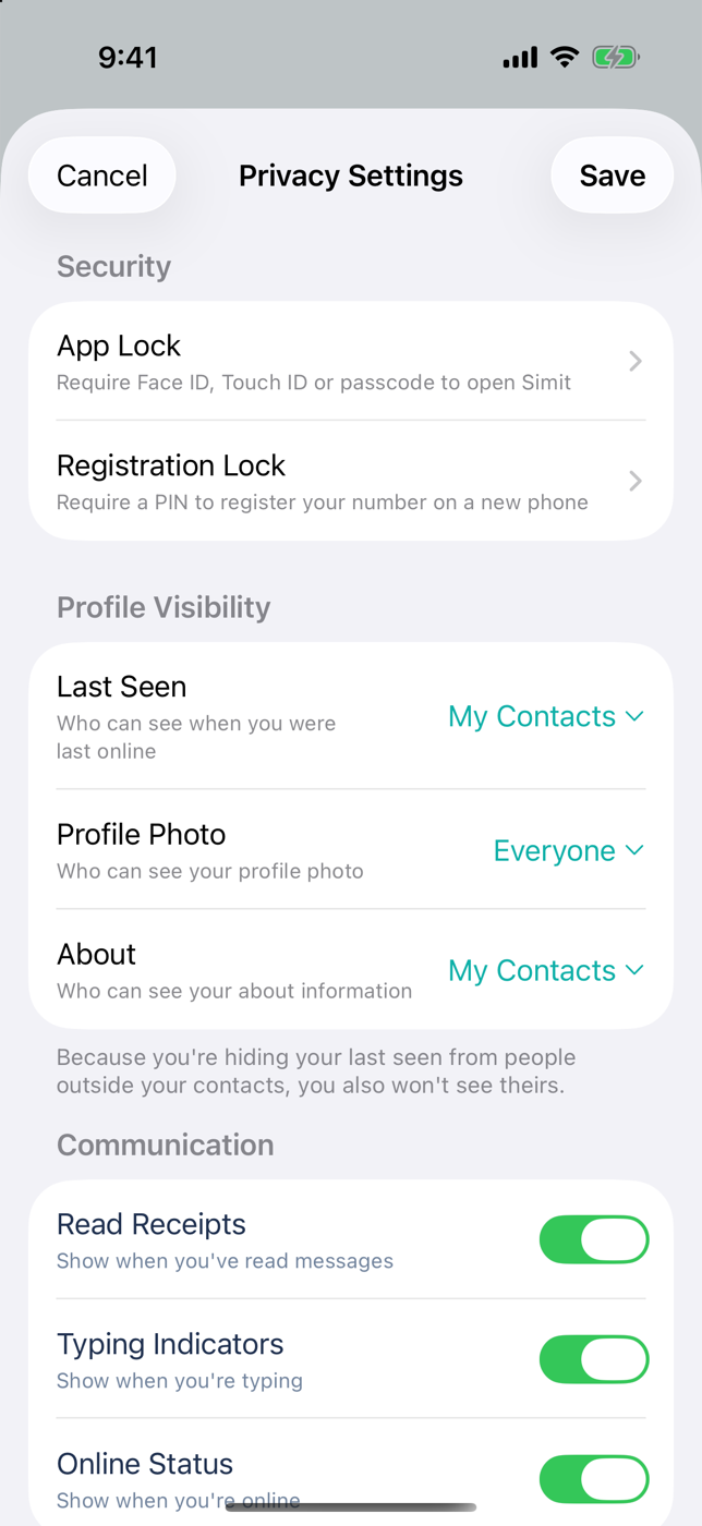 Simit privacy settings with App Lock, last seen and profile visibility, and read receipt toggles