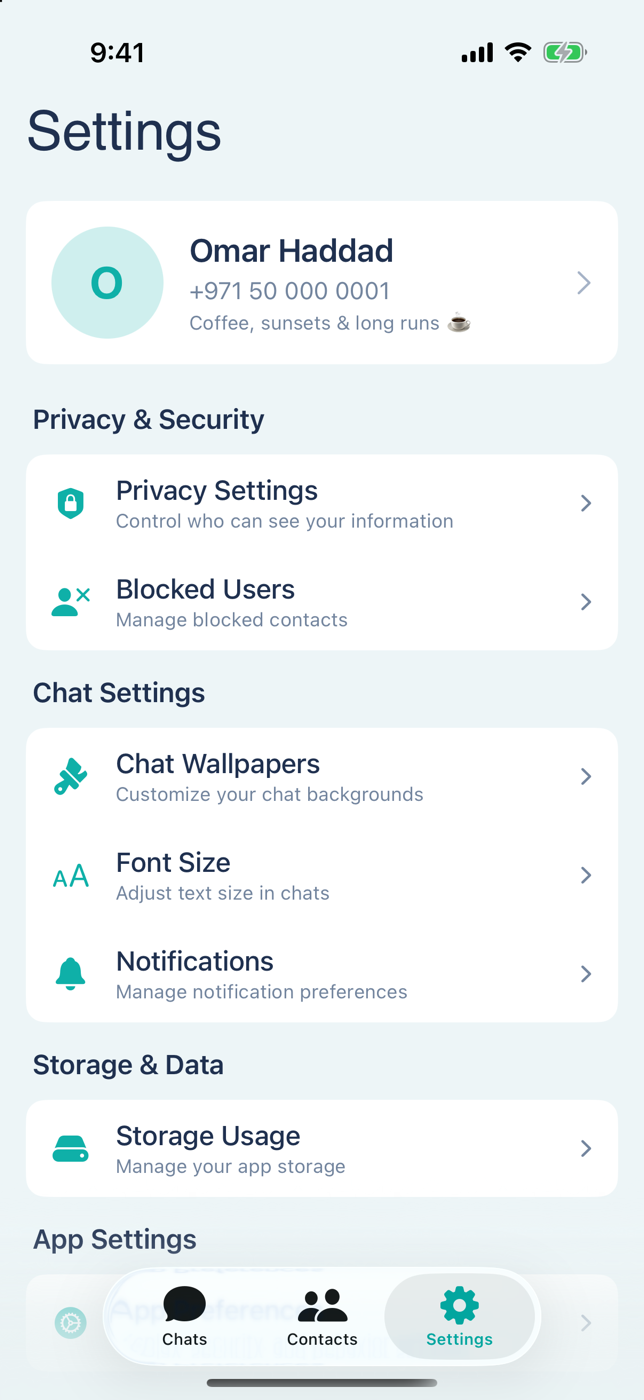 The Simit settings screen with privacy, blocked users, chat, notification and storage options